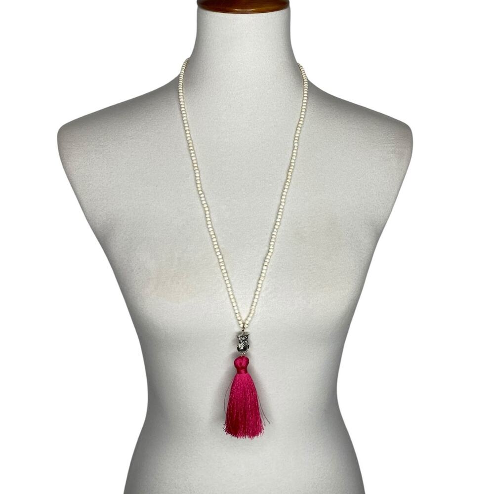 Chico's Owl Tassel Necklace White Cream Bead Fuchsia Pink Long Boho Whimsical